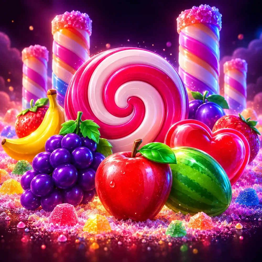 Dev bir lolipop, üzüm salkımı, elma ve karpuzdan oluşan şeker yığını